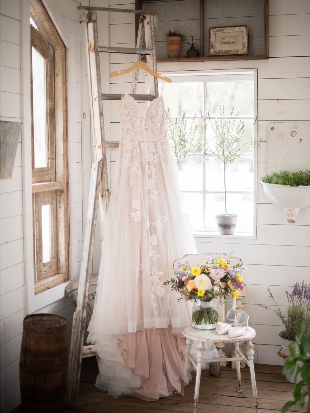 Blush Lace A-Line Wedding Dress with Floral Appliqué